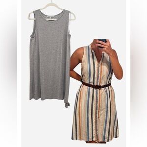 2 Casual Dress Bundle – Grey Sleeveless + Striped Belted Dress